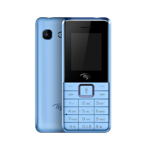 A blue itel 5082 feature phone with a 2.4-inch display, visible camera and branding on the back, along with a physical keypad in front.